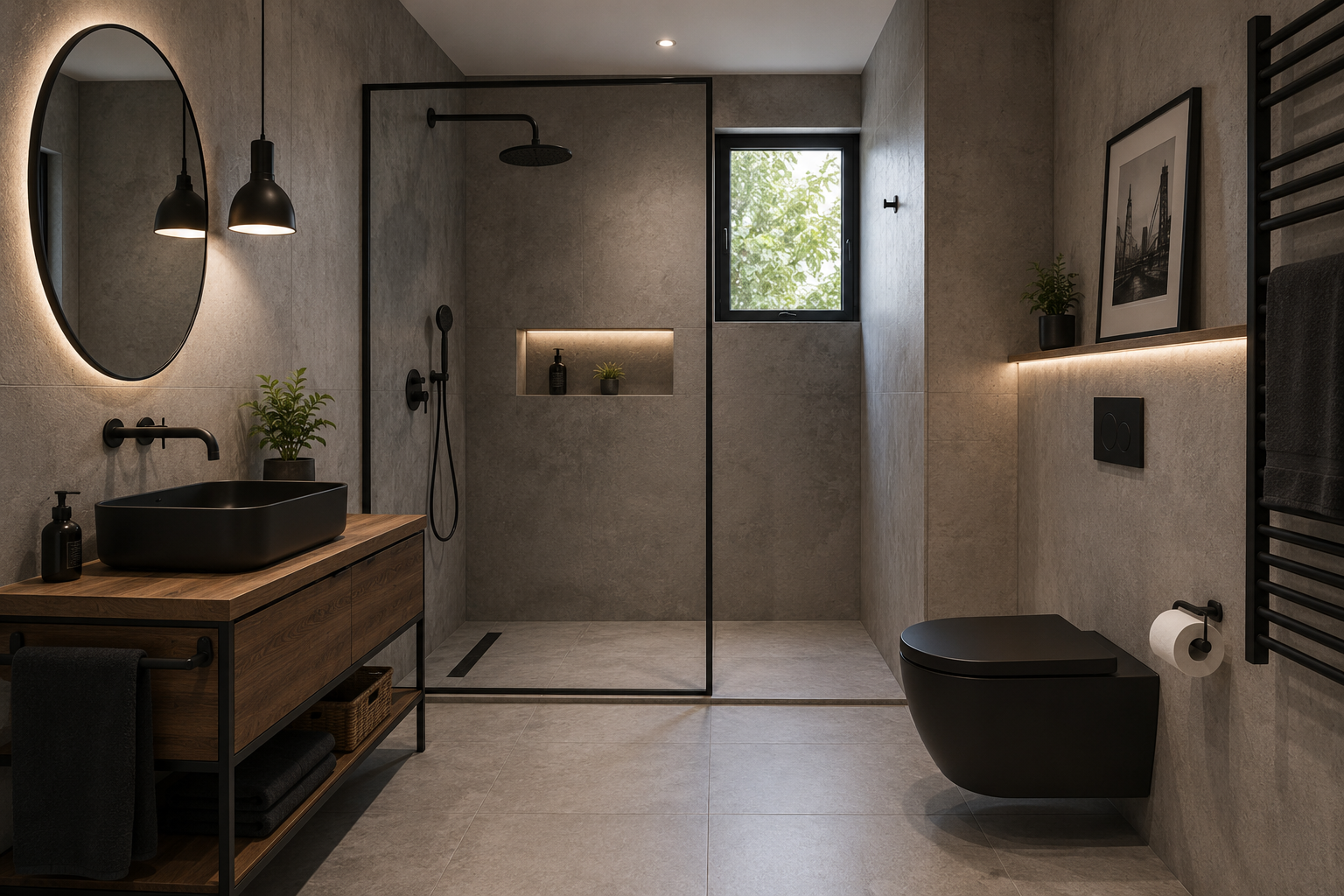 Baño estilo industrial moderno con pavimento efecto cemento, mampara negra y mueble de madera natural. 