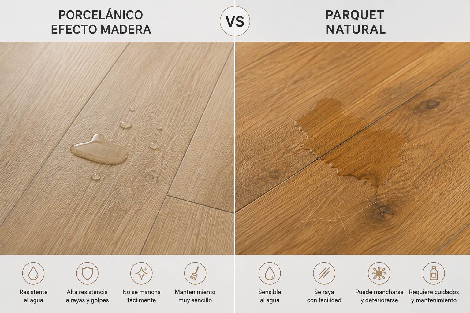 Comparativa entre suelo porcelánico efecto madera y parquet en una vivienda moderna. 