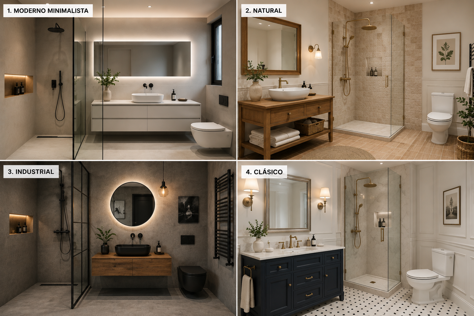 Comparativa de los principales estilos de baño: moderno minimalista, industrial, natural y clásico